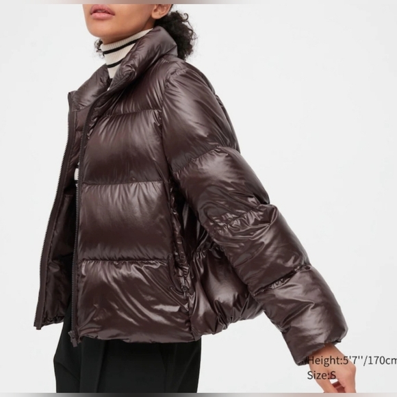 RARE Uniqlo Boxed Short Puffer Jacket Women L Shiny Brown Ultra